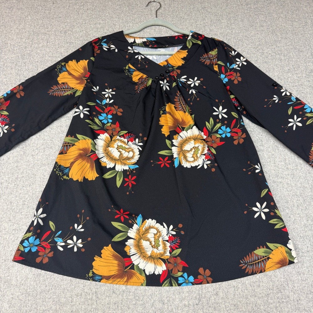 Miusey Floral Tunic Top Size L Black V-Neck Roll Tab Long Sleeve Pleated Blouse
